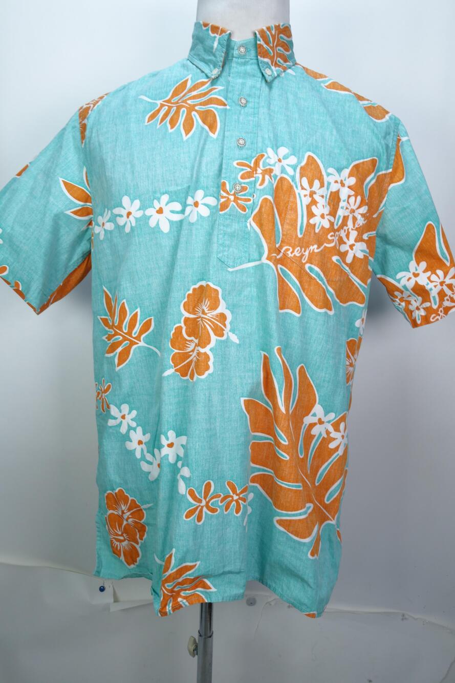 Reyn Spooner Shirt Mens Medium Blue Hawaiian Floral Pullover Short Sleeve